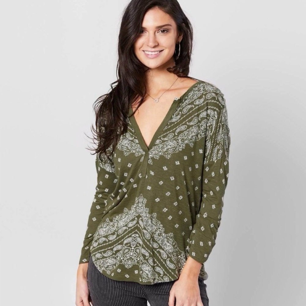☘️ Lucky Brand Olive Green Paisley boho peasant top Blouse XL